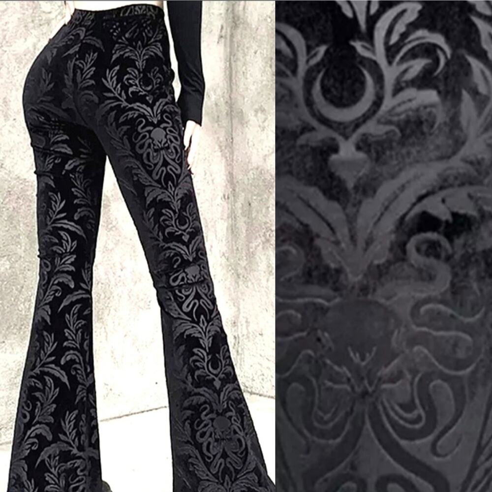 NWT Large Black Velour Damask Brocade Goth Cthulhu Flares - Picture 12 of 12